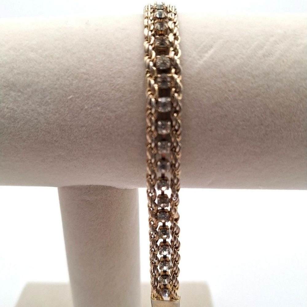 Vintage bracelet rope rhinestone three rows gold tone mid century